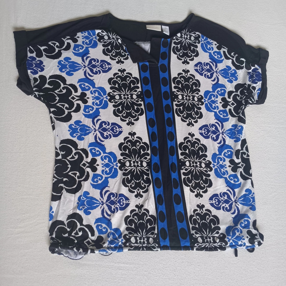 Chico's Sz 2 Blue, White, and Black Patterned Lightweight Blouse